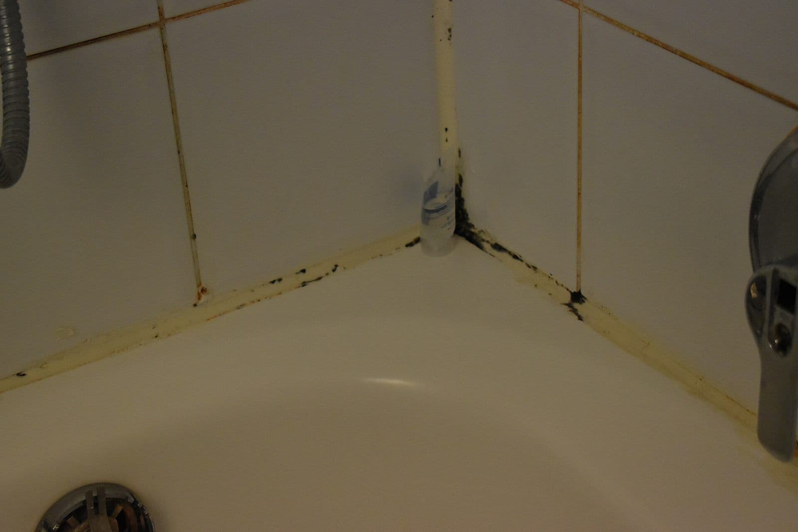Black mold in the caulk where a white bathtub meets the tiled wall