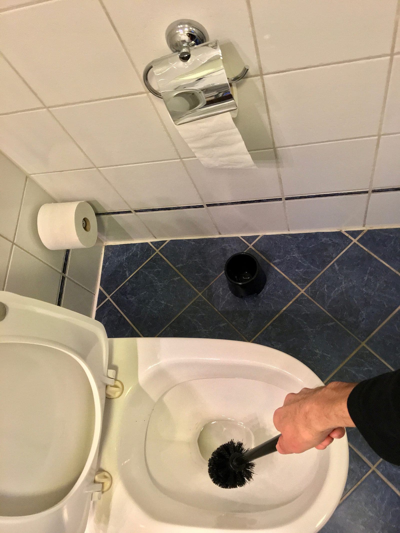 Scrubbing the inside of a toilet bowl with a toilet brush
