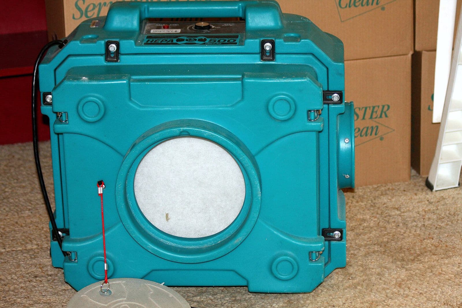 A portable HEPA air filtration unit of the kind used during mold remediation